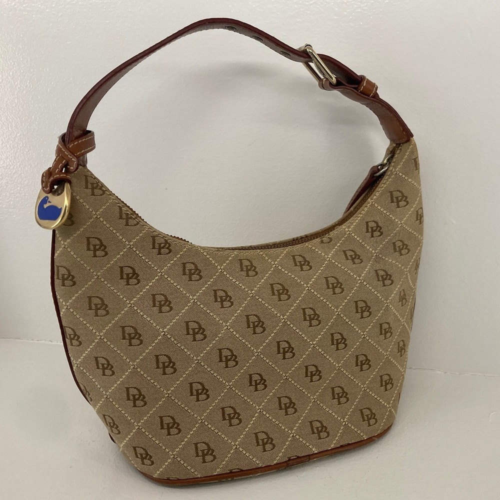VTG Y2K Dooney & Bourke Tan Brown Signature Logo Diamond Canvas Leather Trim 90s
